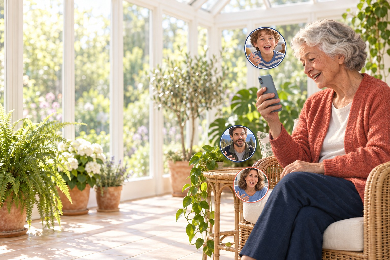 A smiling older woman talks to her phone in her conservatory, surrounded by the faces of her loved ones.